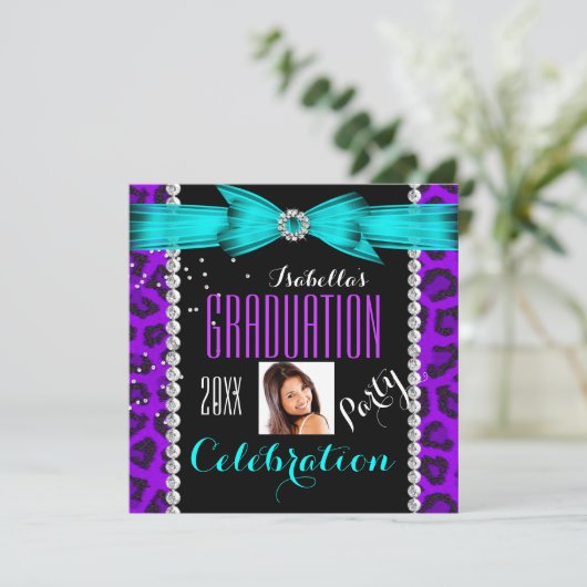 Graduationspartei Grad Lila Aquamariner Blauer Leo Einladung (Stehend Vorderseite)