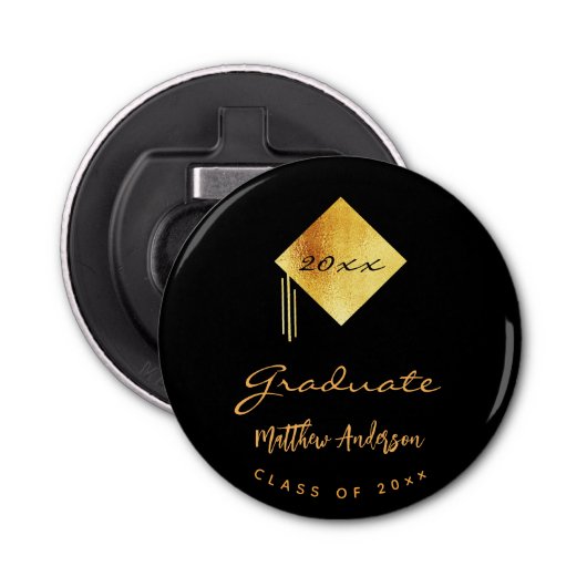 Graduationspartei Graduate Black Gold Cap 2025 Flaschenöffner (Vorderseite)