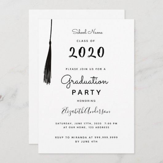 Graduationspartei Schwarz-weiß Tassel 2025 Einladung (Vorne/Hinten)