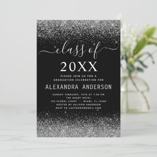 Graduationspartei Silver Black Class of 2024 Einladung (Stehend Vorderseite)