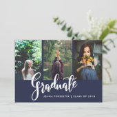 Graduierte Typografie Drei Fotos| Navy Einladung (Stehend Vorderseite)