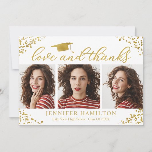 Graduiertengold auf weißer Liebe und Dank Einladung (Vorderseite)