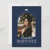 Graduiertenkap-Arch-Foto Elegant Script Navy Grad Ankündigung (Vorderseite)