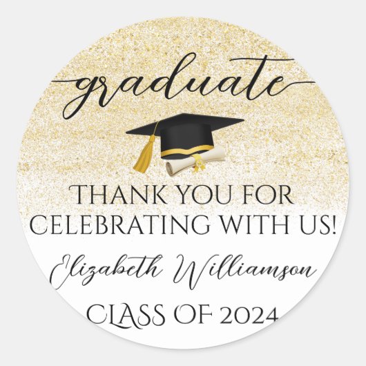 Graduiertenkap Gold Glitzer Graduate Gastgeschenk Runder Aufkleber (Vorderseite)