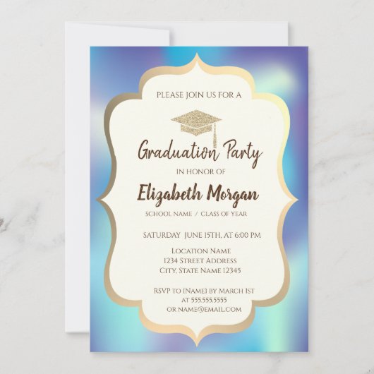 Graduiertenkap Holographic Blue Abschluss Part Einladung (Vorderseite)