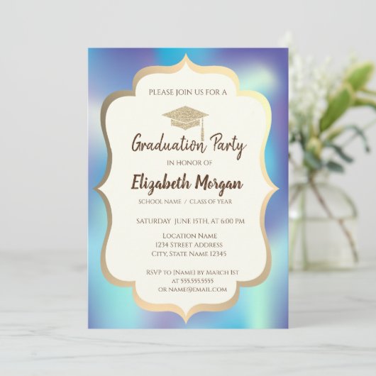 Graduiertenkap Holographic Blue Abschluss Part Einladung (Stehend Vorderseite)