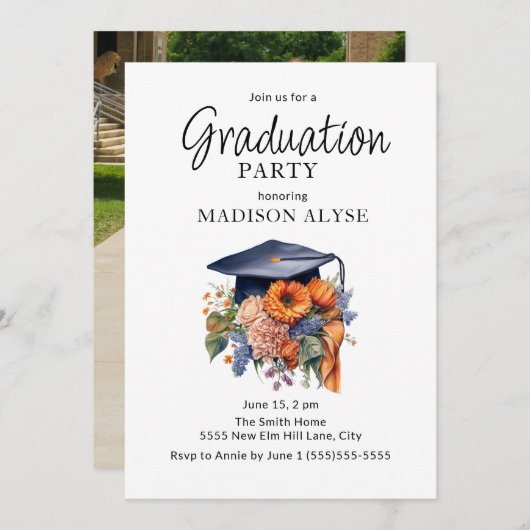 Graduiertenkap Orange Fall Blumenfloral Foto Absch Einladung (Vorne/Hinten)