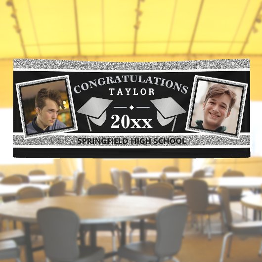 Graduiertenkap Silver und Black Herzlichen Glückwu Banner