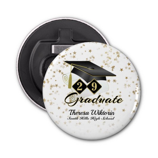 Graduiertenkappen Schwarze Gold Stars Personalisie Flaschenöffner (Vorderseite)