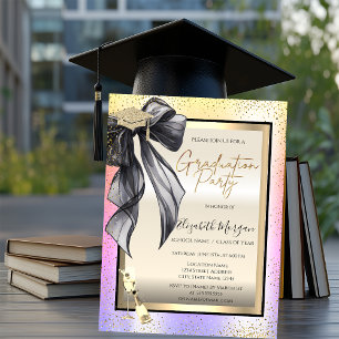 Graduiertenmütze, schwarze Schleife Weinglas, Konf Einladung
