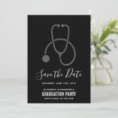 Graduiertenparty Grau am Black Stethoscope Save The Date (Stehend Vorderseite)