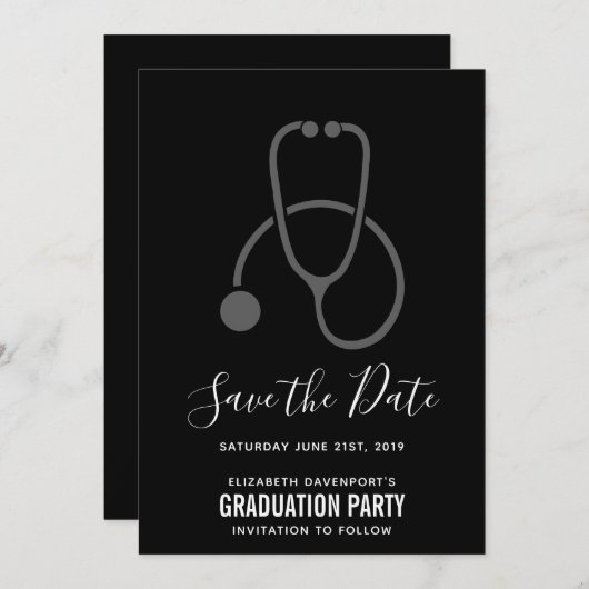 Graduiertenparty Grau am Black Stethoscope Save The Date (Vorne/Hinten)