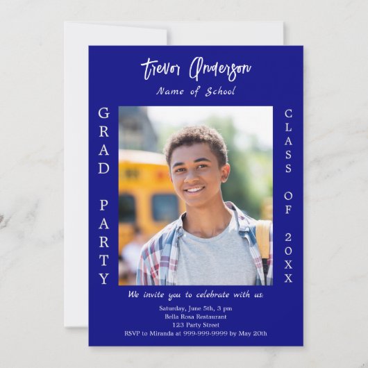 Graduiertenschiff blaues weißes Foto Einladung (Vorderseite)