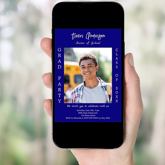 Graduiertenschiff blaues weißes Foto Einladung