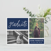 Graduiertes handgeschriebenes Foto-Marine-Blau des Einladung (Stehend Vorderseite)