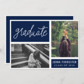 Graduiertes handgeschriebenes Foto-Marine-Blau des Einladung (Vorne/Hinten)