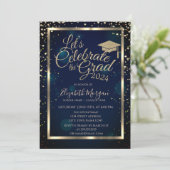 Graduierungskappe Diamonds Stars Navy Blue Einladung (Stehend Vorderseite)