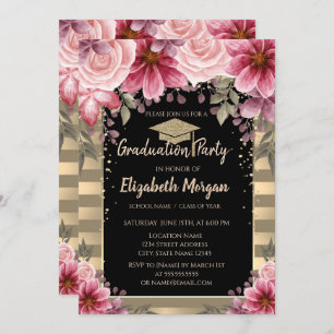 Graduierungskappe für Gold Glitzer, Streifen, Blüt Einladung