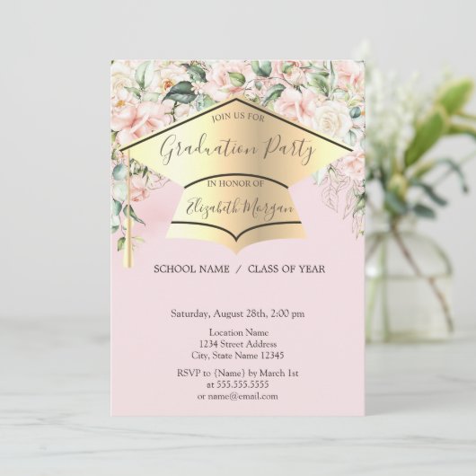 Graduierungskappe, Rose Abschluss Light Pink Einladung (Stehend Vorderseite)