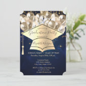 Graduierungskappe, Sternenballons, Blauer Abschlus Einladung (Stehend Vorderseite)