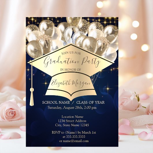 Graduierungskappe, Sternenballons, Blauer Abschlus Einladung