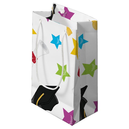 Graduierungskappe und Sterne Kleine Geschenktüte (Vorderseite Schrägansicht)