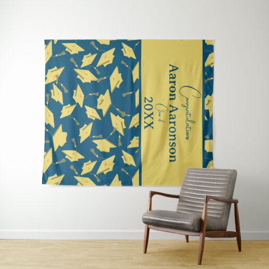 Graduierungsklasseln Glückwunsch Blue & Gold Party Wandteppich (Beispiel (Horizontal))