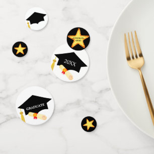 Graduierungsmütze & Sterne auf schwarz-weiß Confet Konfetti