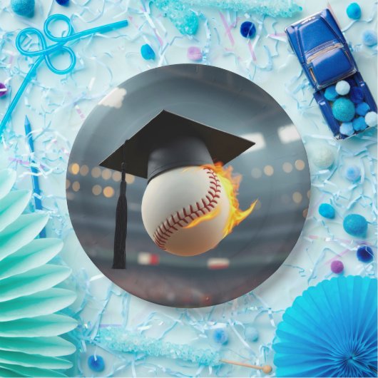 Graduierungsobergrenze auf einem flammenden Baseba Pappteller (Party)