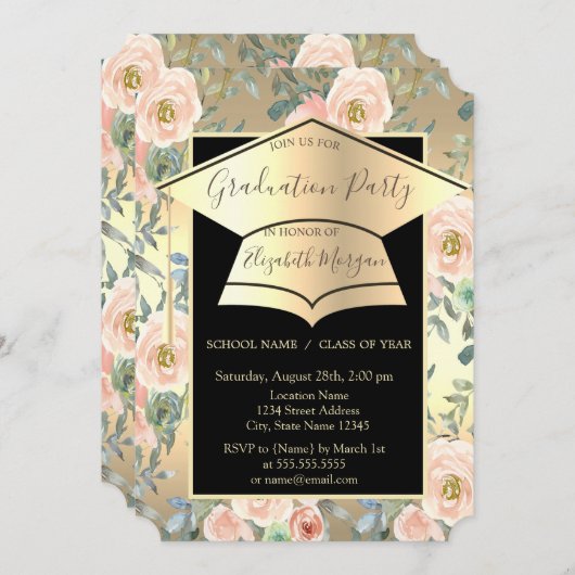 Graduierungsobergrenze, Blume Rose Gold Abschluss Einladung (Vorne/Hinten)