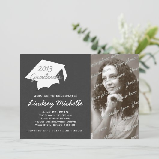 Graduierungsobergrenze und Foto für Schiefer Einladung (Stehend Vorderseite)