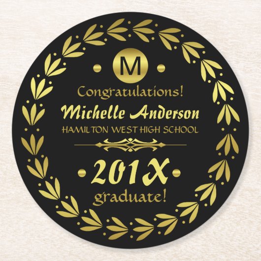 Graduierungspartei 2023 | Custom Gold Laurel Wreat Runder Pappuntersetzer (Vorderseite)