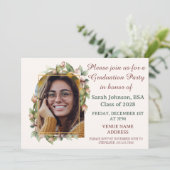 Graduierungspartei Boho Blumenbogen Foto Save The Date (Stehend Vorderseite)