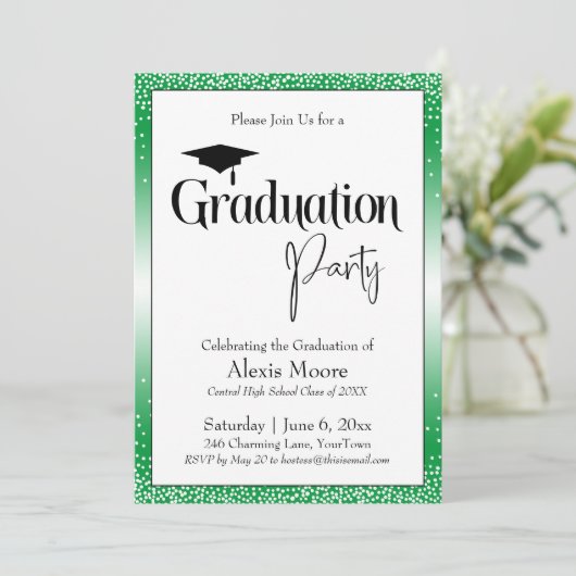 Graduierungspartei Bright Green Ombre Confetti Einladung (Stehend Vorderseite)