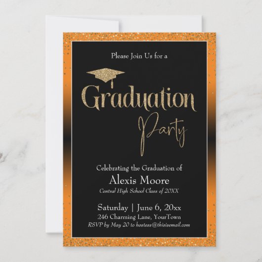 Graduierungspartei Bright Orange Ombre Confetti Einladung (Vorderseite)