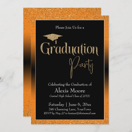 Graduierungspartei Bright Orange Ombre Confetti Einladung (Vorne/Hinten)