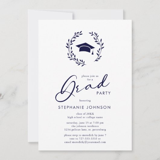 Graduierungspartei Calligrafy Grad Cap Wreath Einladung (Vorderseite)