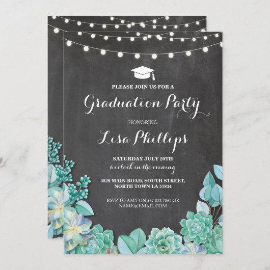 Graduierungspartei Chalk Succulents Blumenladen Einladung (Vorne/Hinten)