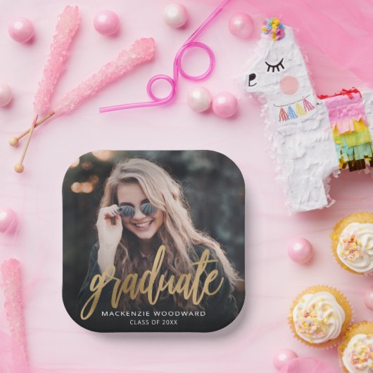 Graduierungspartei Custom Foto Gold Script Pappteller (Party)
