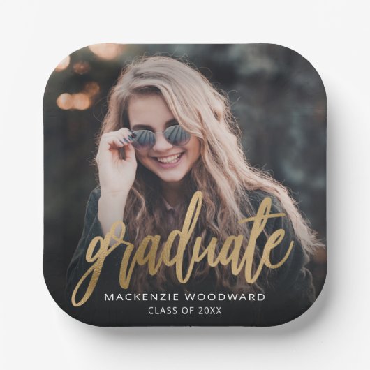 Graduierungspartei Custom Foto Gold Script Pappteller (Vorderseite)