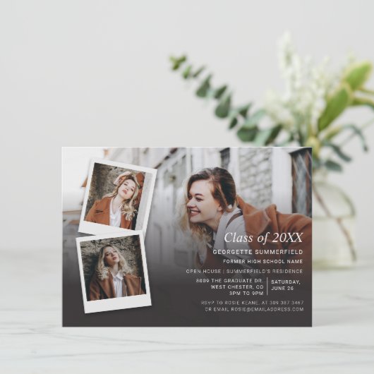 Graduierungspartei Einladung Foto Collage Script (Stehend Vorderseite)