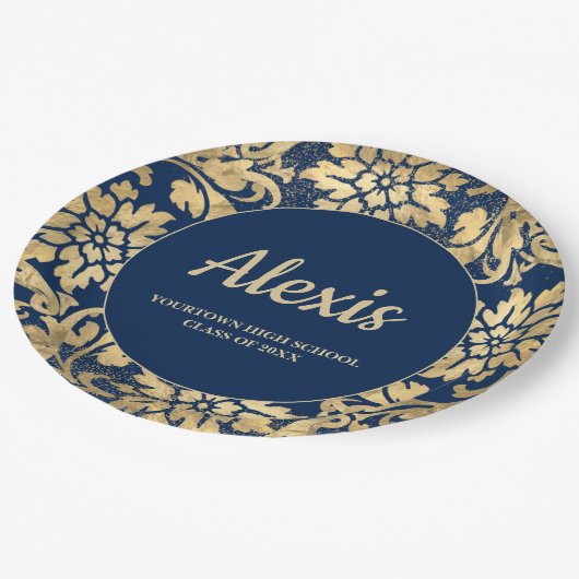 Graduierungspartei Elegant Navy Blue Gold Class Pappteller (Schrägansicht)