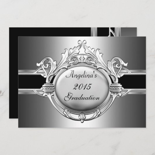 Graduierungspartei Elegantes schwarzes Silbermetal Einladung (Vorne/Hinten)