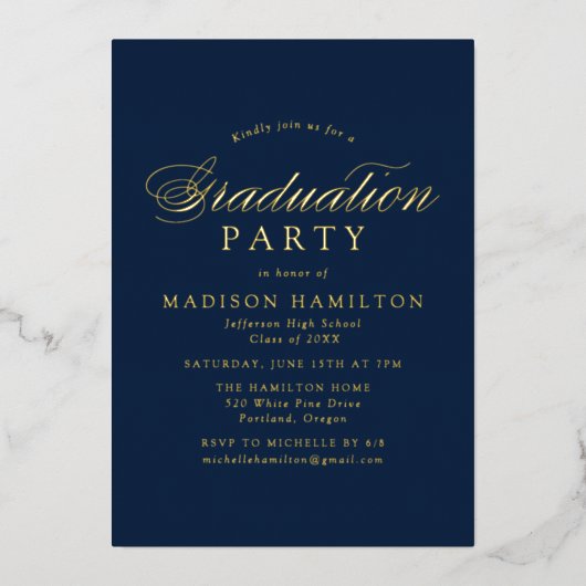 Graduierungspartei für das Foto von Navy und Gold Folieneinladung (Vorderseite)