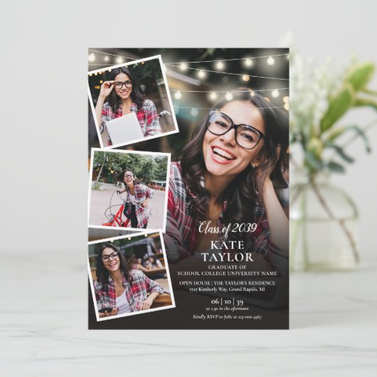 Graduierungspartei für Fotocollage String Lights Einladung (Stehend Vorderseite)