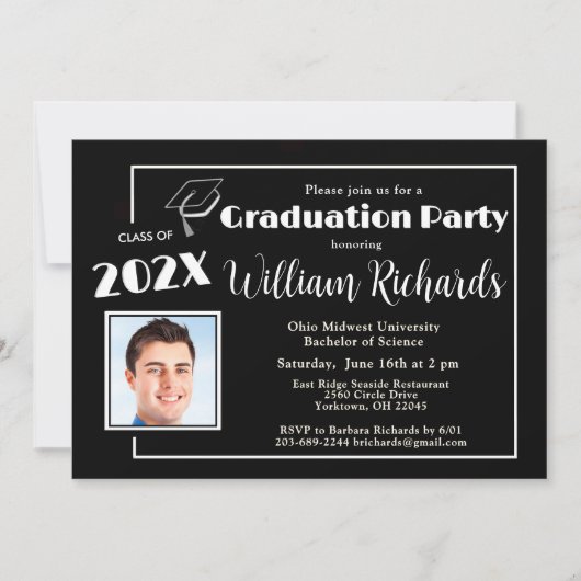 Graduierungspartei für Fotos mit schwarzem und wei Einladung (Vorderseite)