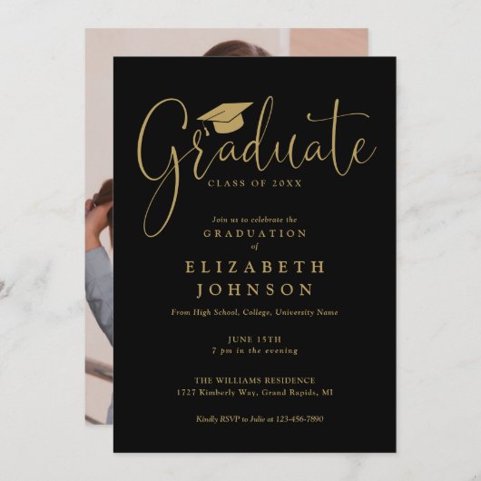 Graduierungspartei für Schwarz-und Gold-Script-Fot Einladung (Vorne/Hinten)