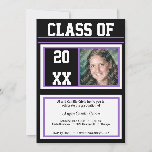 Graduierungspartei für Schwarzes und Lila Foto Einladung (Vorderseite)