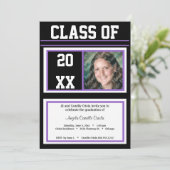 Graduierungspartei für Schwarzes und Lila Foto Einladung (Stehend Vorderseite)