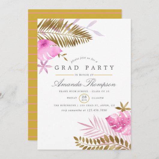 Graduierungspartei für tropische Blätter in Rosa u Einladung (Vorne/Hinten)